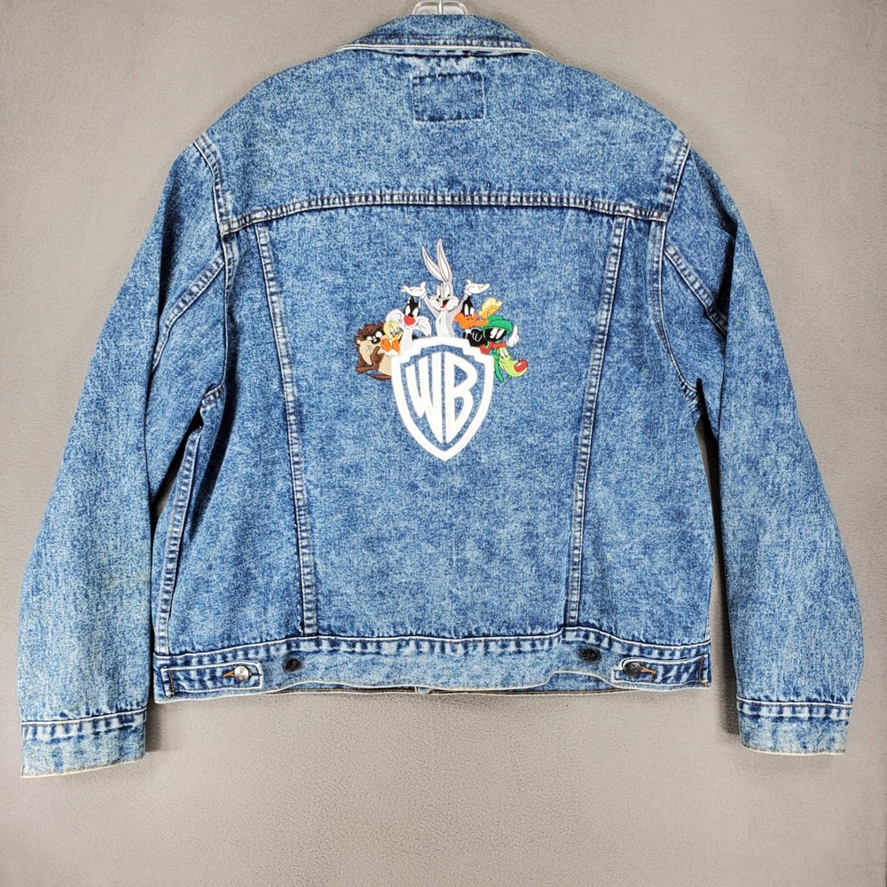 Silver Spur Denim Jacket L Blue Looney Tunes Embroidered Acid Wash 90s Vintage